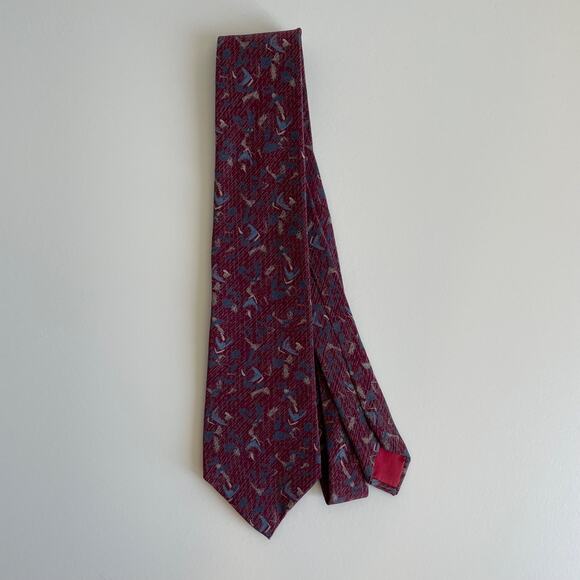 Mens Tie 100% Silk Necktie Red Blue Abstract Bird Feather Print Italy Modern Fit - Picture 1 of 6